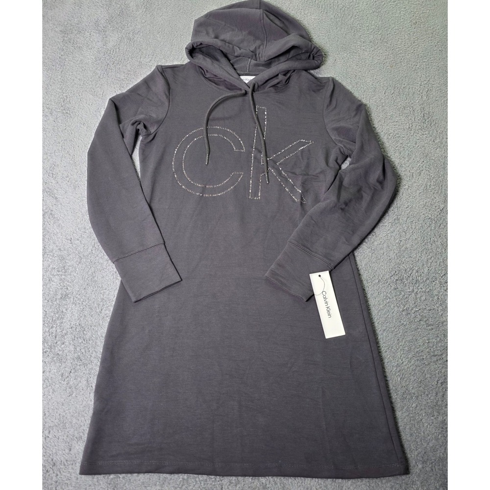 Calvin Klein Womens S Hoodie Dress Charcoal Grey Rhinestone Logo CD4Y1662